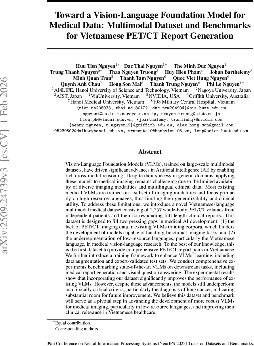 Toward a Vision-Language Foundation Model for Medical Data: Multimodal Dataset and Benchmarks for Vietnamese PET/CT Report Generation
