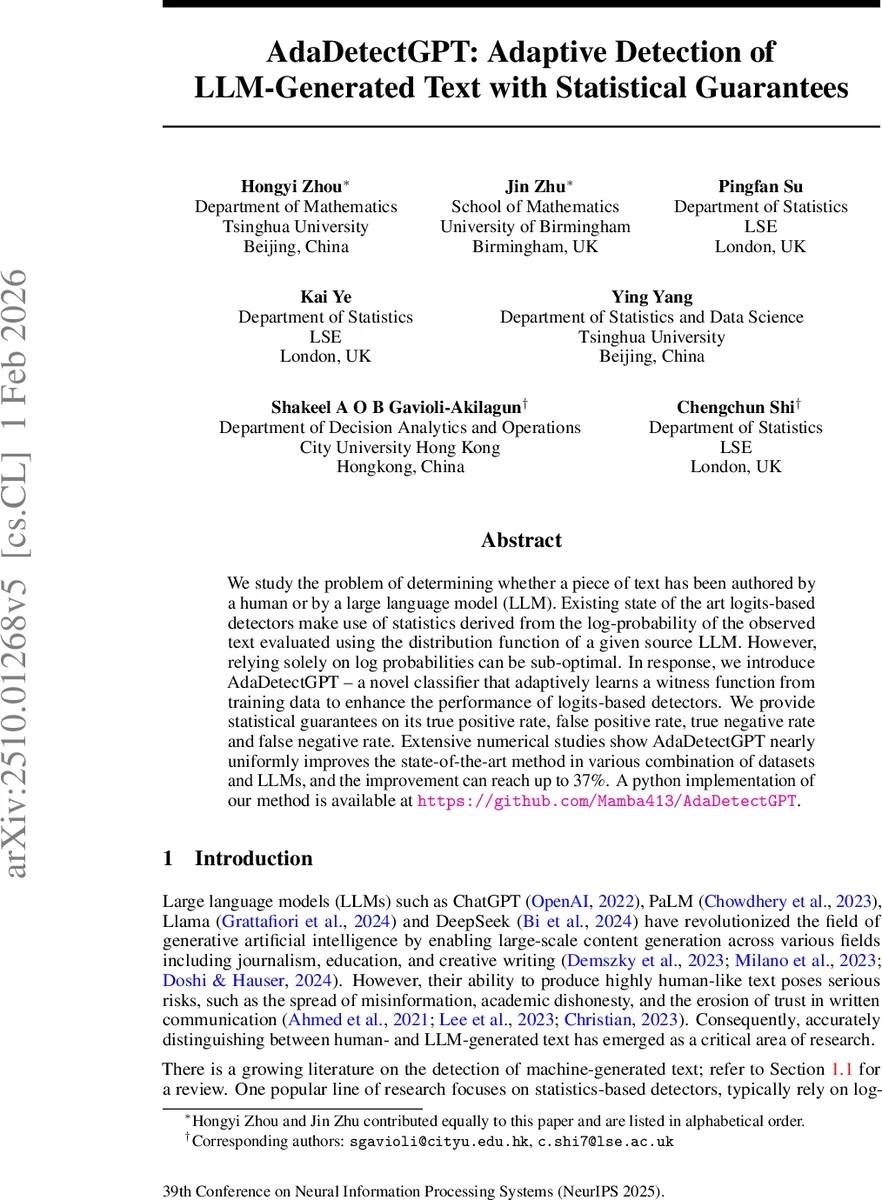 AdaDetectGPT: Adaptive Detection of LLM-Generated Text with Statistical Guarantees