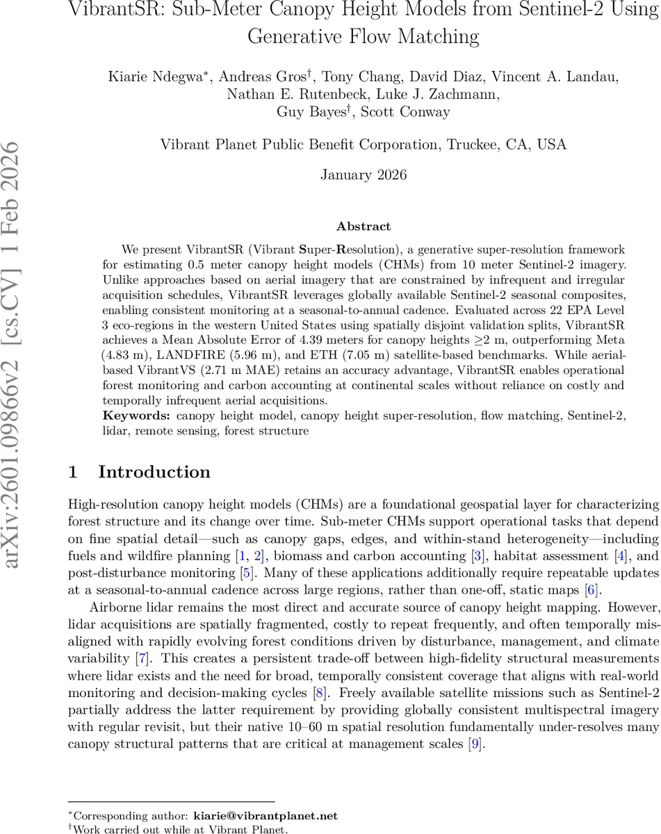VibrantSR: Sub-Meter Canopy Height Models from Sentinel-2 Using Generative Flow Matching