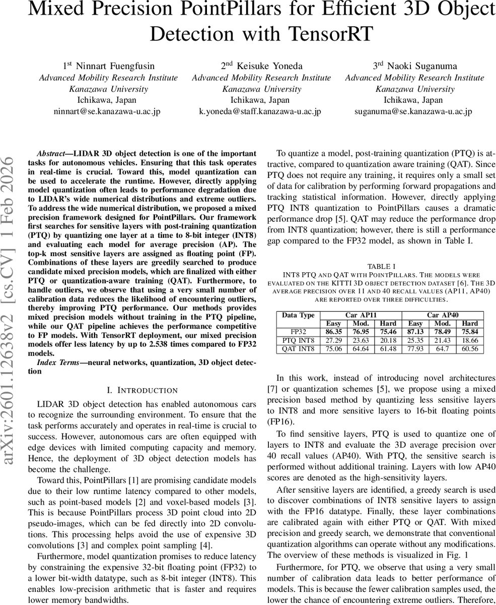 Mixed Precision PointPillars for Efficient 3D Object Detection with TensorRT
