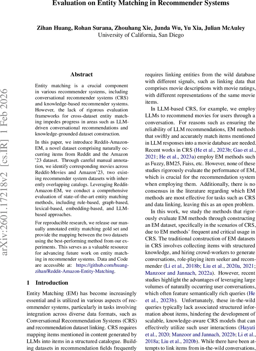 Evaluation on Entity Matching in Recommender Systems