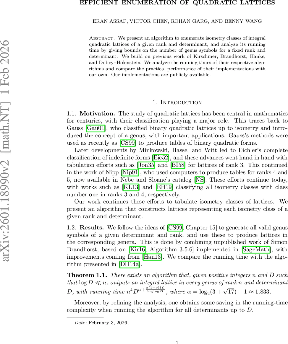 Efficient enumeration of quadratic lattices
