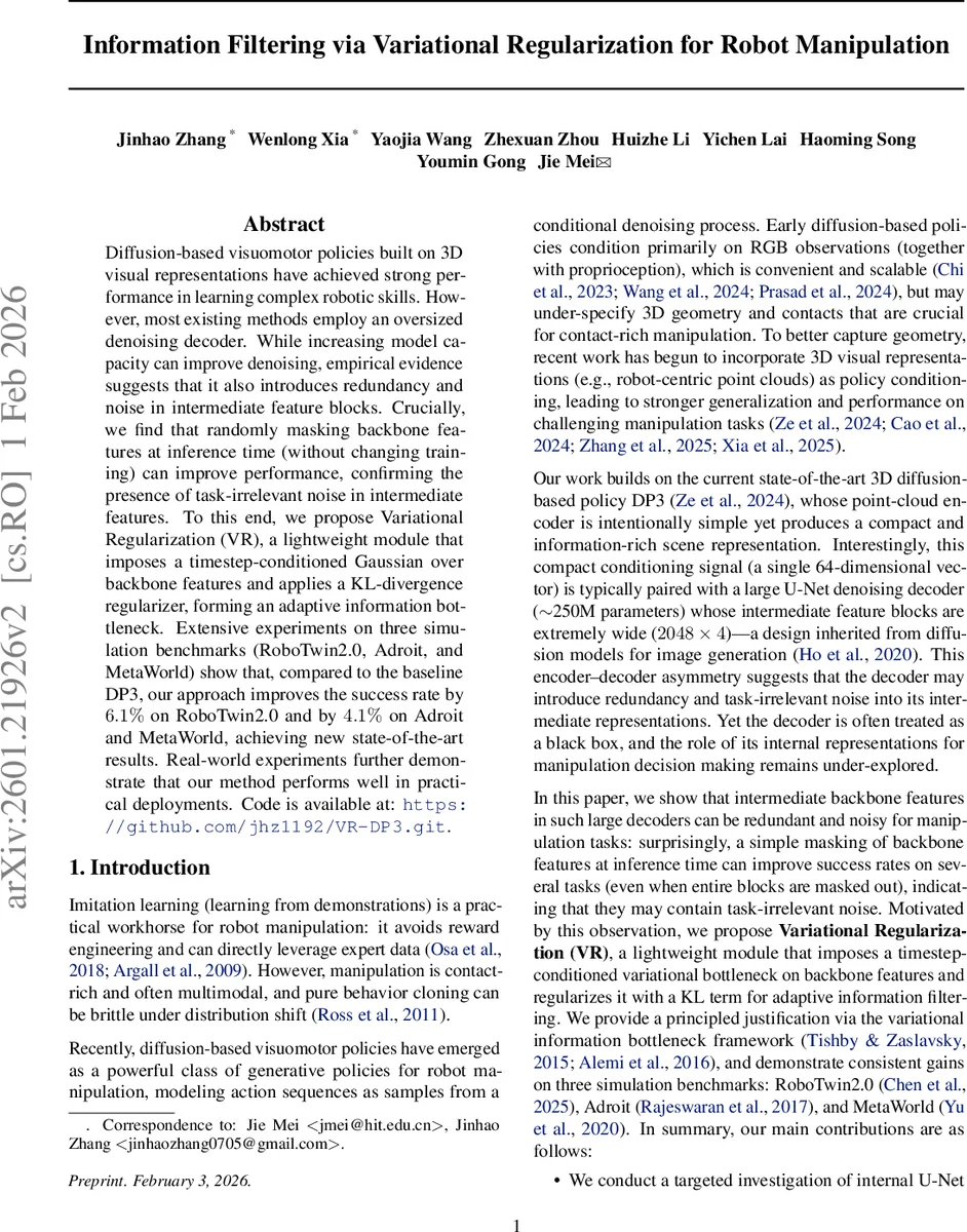 Information Filtering via Variational Regularization for Robot Manipulation