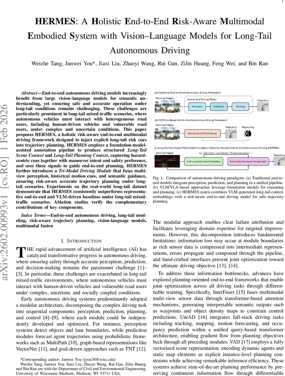 HERMES: A Holistic End-to-End Risk-Aware Multimodal Embodied System with Vision-Language Models for Long-Tail Autonomous Driving