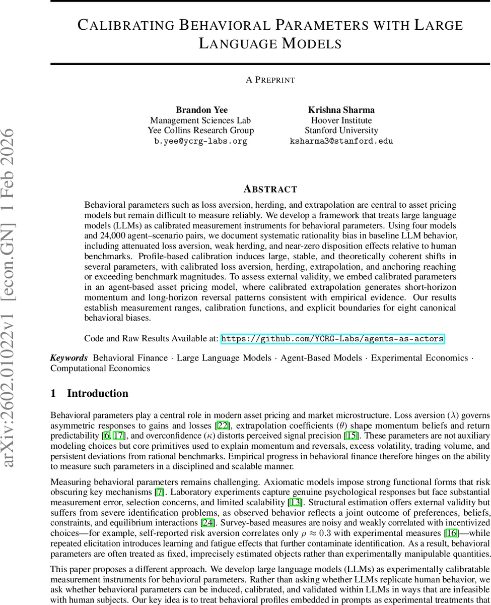 Calibrating Behavioral Parameters with Large Language Models