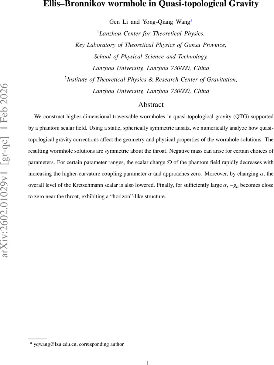 Ellis--Bronnikov wormhole in Quasi-topological Gravity