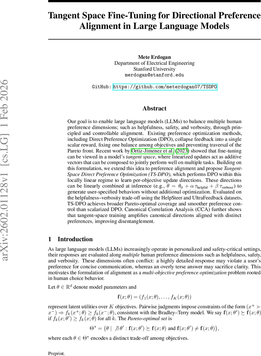 Tangent Space Fine-Tuning for Directional Preference Alignment in Large Language Models
