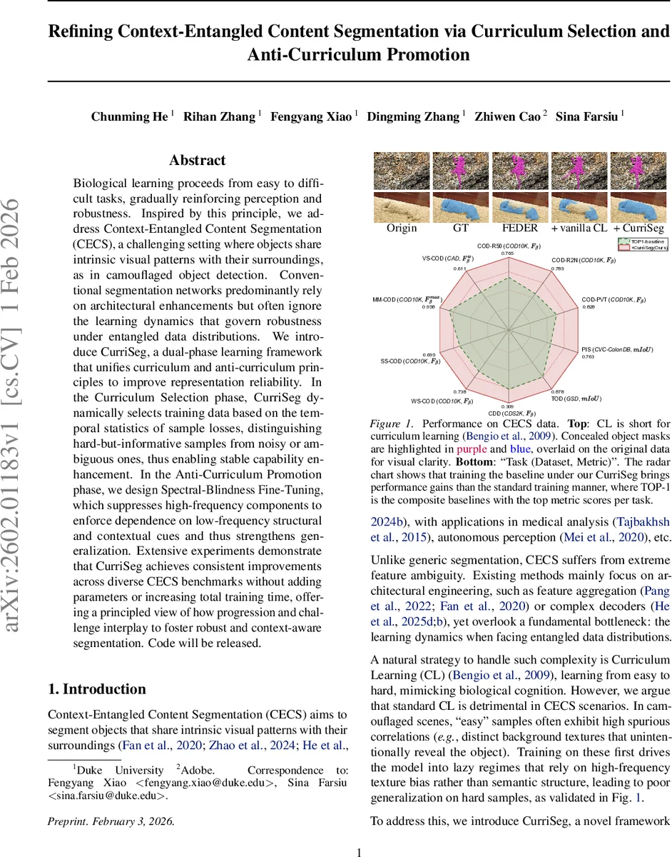 Refining Context-Entangled Content Segmentation via Curriculum Selection and Anti-Curriculum Promotion