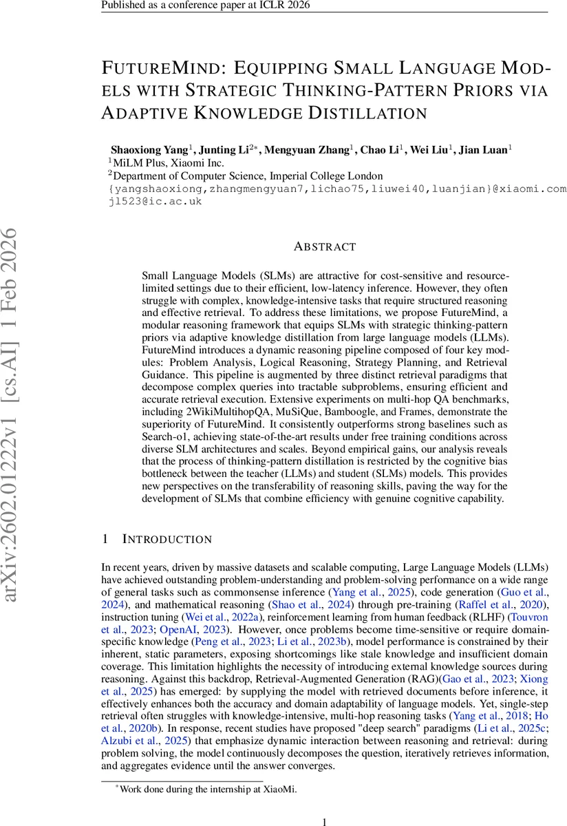 FutureMind: Equipping Small Language Models with Strategic Thinking-Pattern Priors via Adaptive Knowledge Distillation
