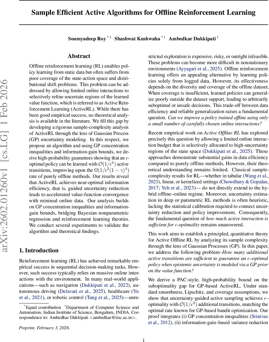 Sample Efficient Active Algorithms for Offline Reinforcement Learning