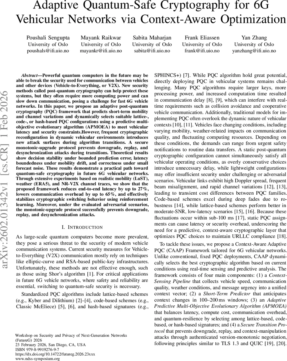 Adaptive Quantum-Safe Cryptography for 6G Vehicular Networks via Context-Aware Optimization