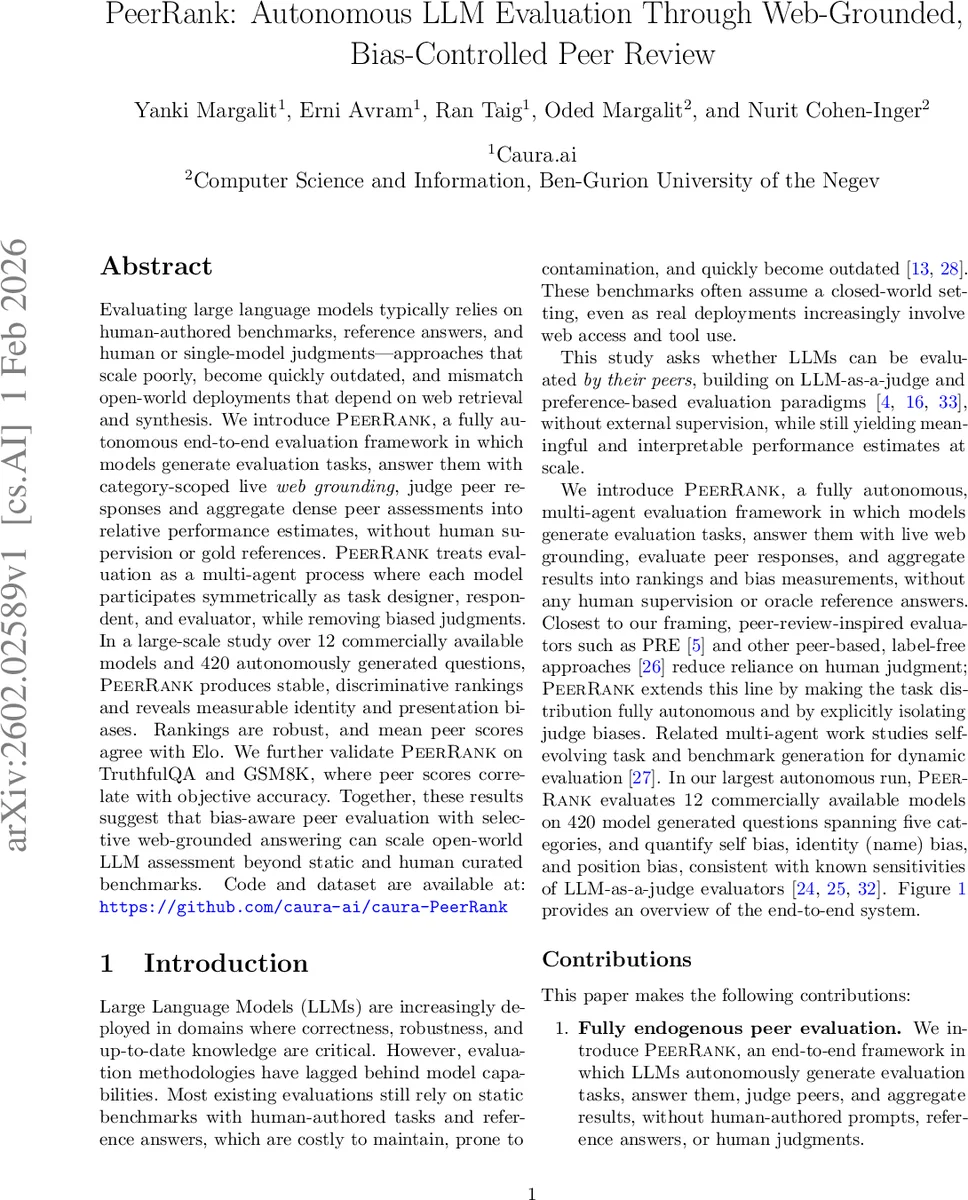 PeerRank: Autonomous LLM Evaluation Through Web-Grounded, Bias-Controlled Peer Review