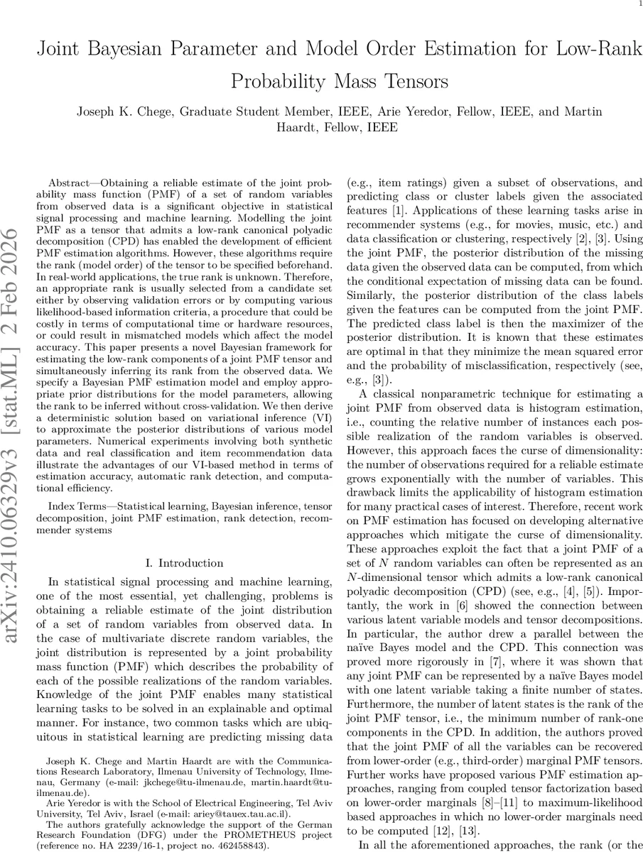 Joint Bayesian Parameter and Model Order Estimation for Low-Rank Probability Mass Tensors