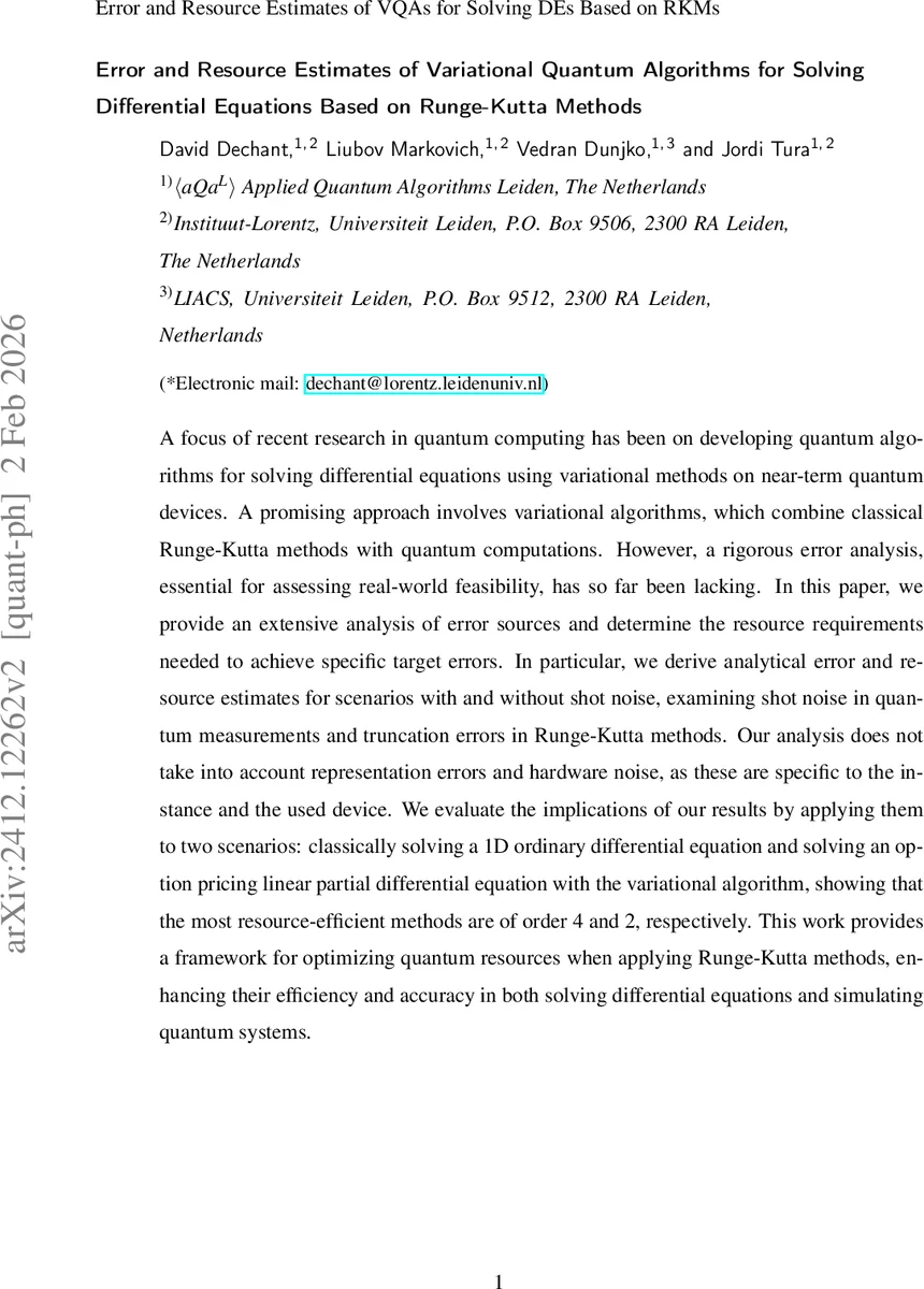 Error and Resource Estimates of Variational Quantum Algorithms for Solving Differential Equations Based on Runge-Kutta Methods