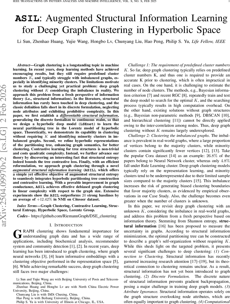 ASIL: Augmented Structural Information Learning for Deep Graph Clustering in Hyperbolic Space