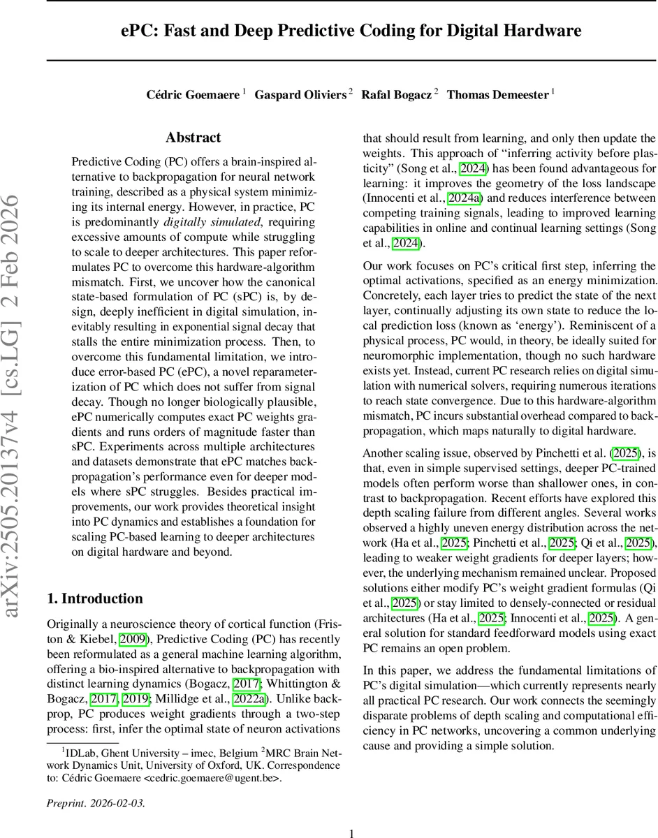 ePC: Fast and Deep Predictive Coding for Digital Hardware