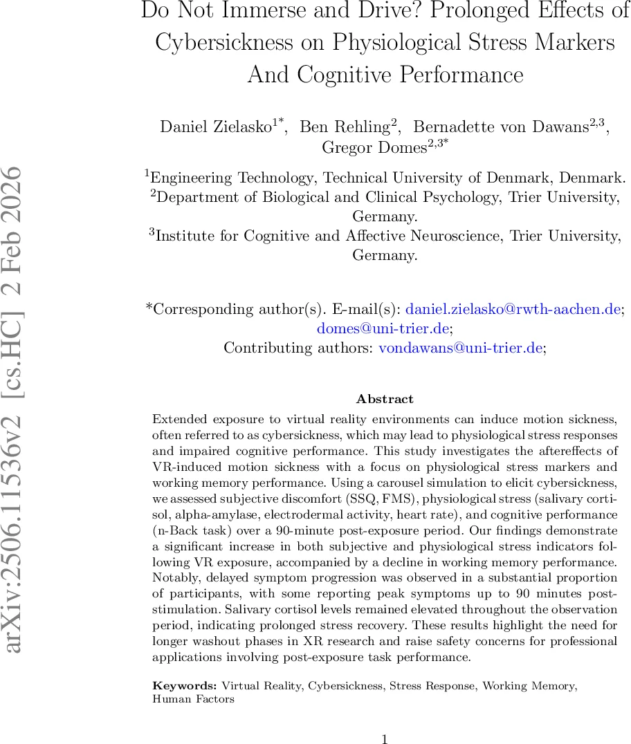 Do Not Immerse and Drive? Prolonged Effects of Cybersickness on Physiological Stress Markers And Cognitive Performance