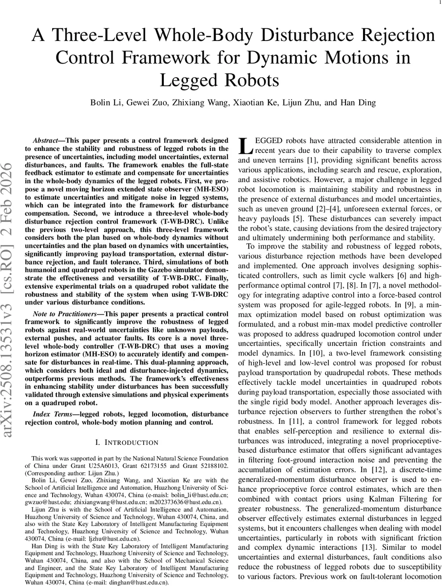 A Three-Level Whole-Body Disturbance Rejection Control Framework for Dynamic Motions in Legged Robots