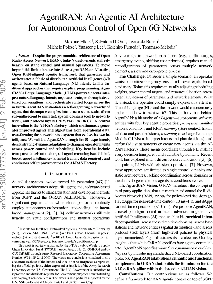 AgentRAN: An Agentic AI Architecture for Autonomous Control of Open 6G Networks