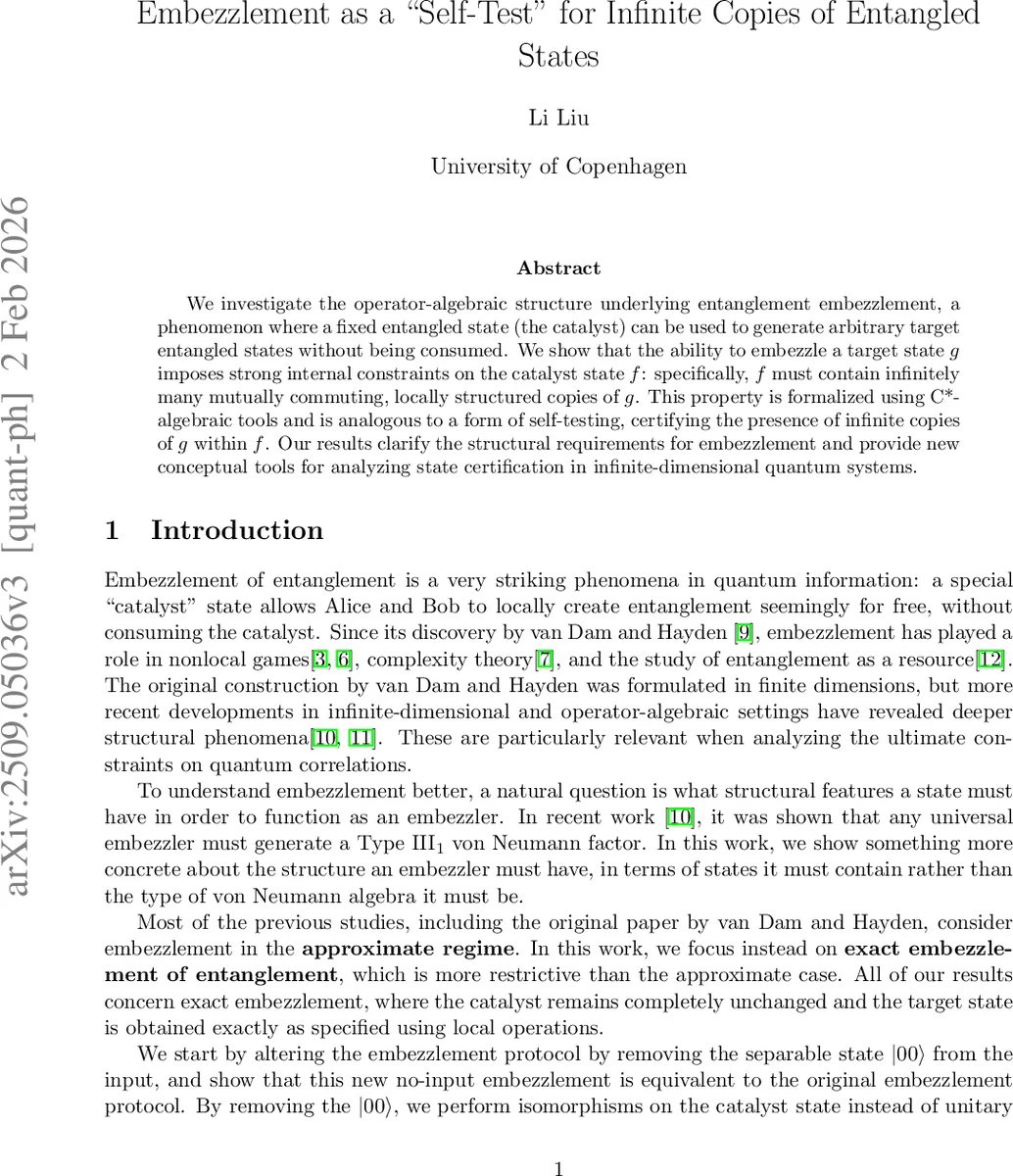 Embezzlement as a "Self-Test" for Infinite Copies of Entangled States