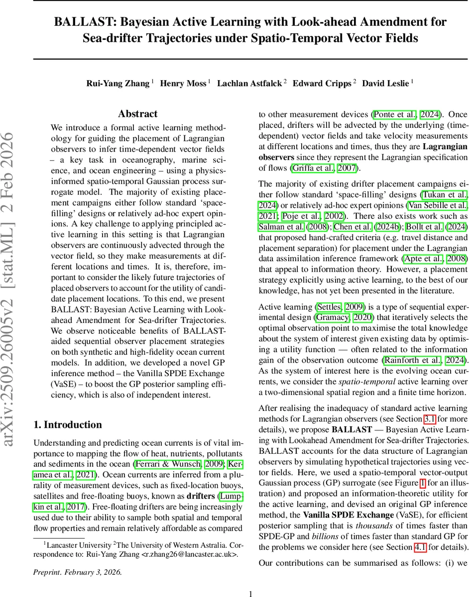 BALLAST: Bayesian Active Learning with Look-ahead Amendment for Sea-drifter Trajectories under Spatio-Temporal Vector Fields