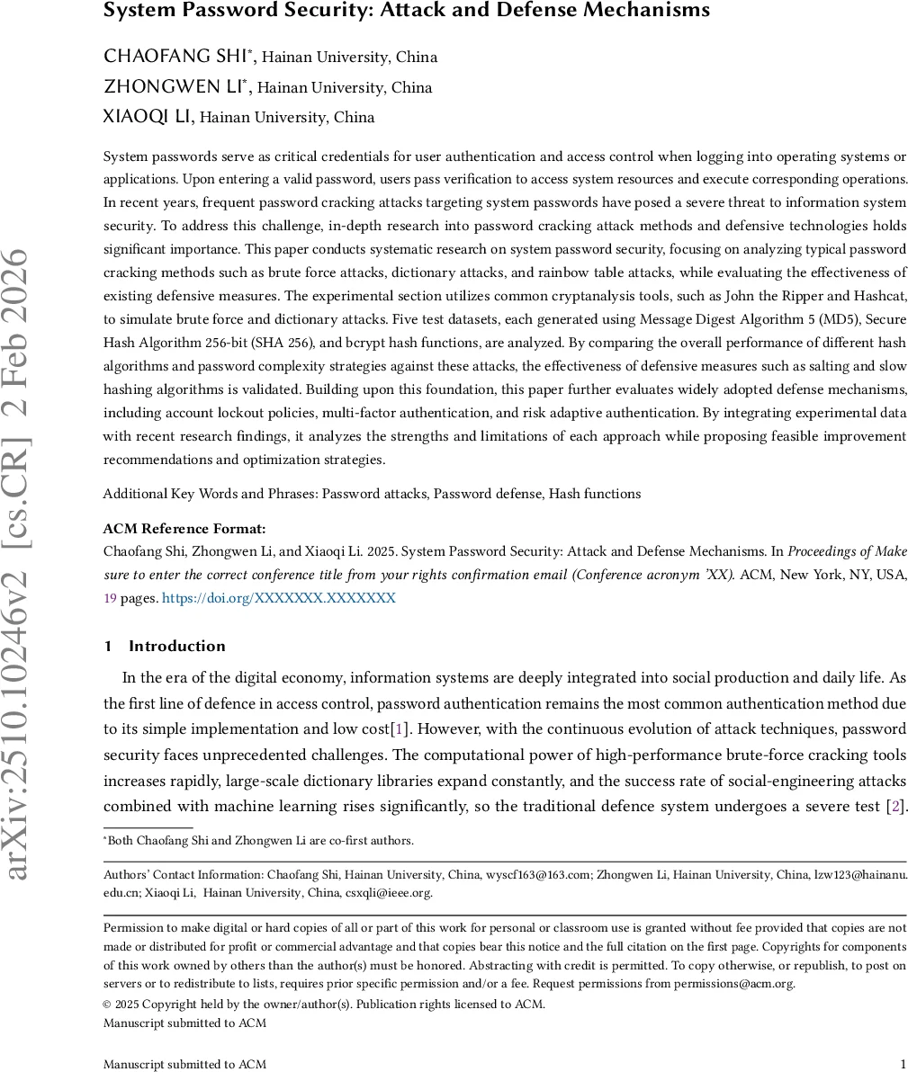 System Password Security: Attack and Defense Mechanisms