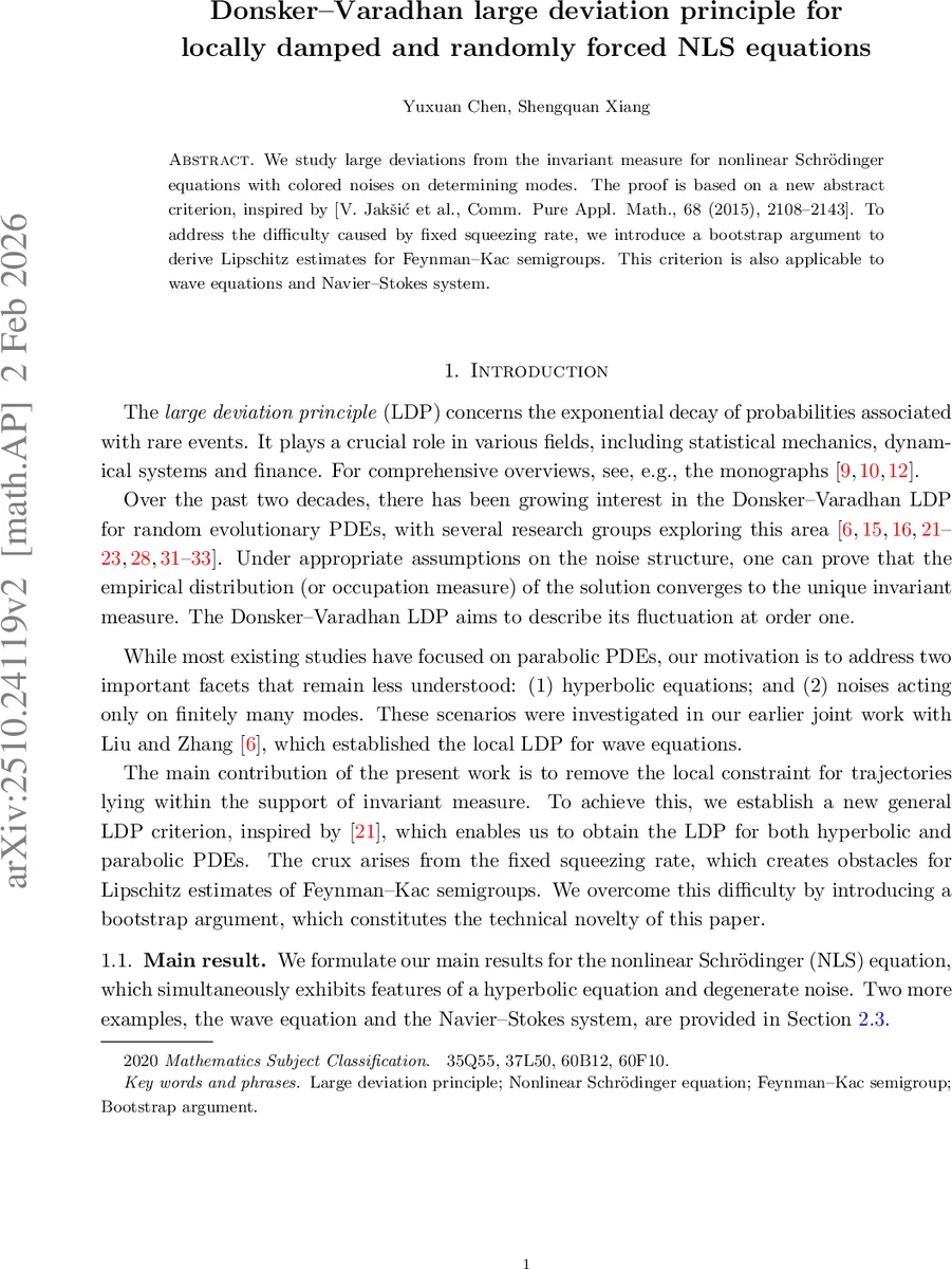 Donsker-Varadhan large deviation principle for locally damped and randomly forced NLS equations