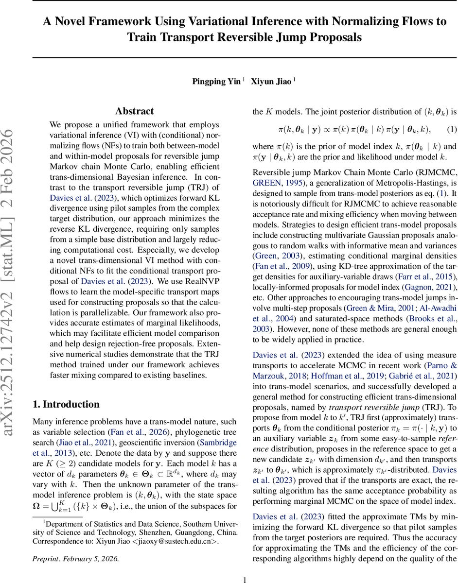 A Novel Framework Using Variational Inference with Normalizing Flows to Train Transport Reversible Jump Proposals