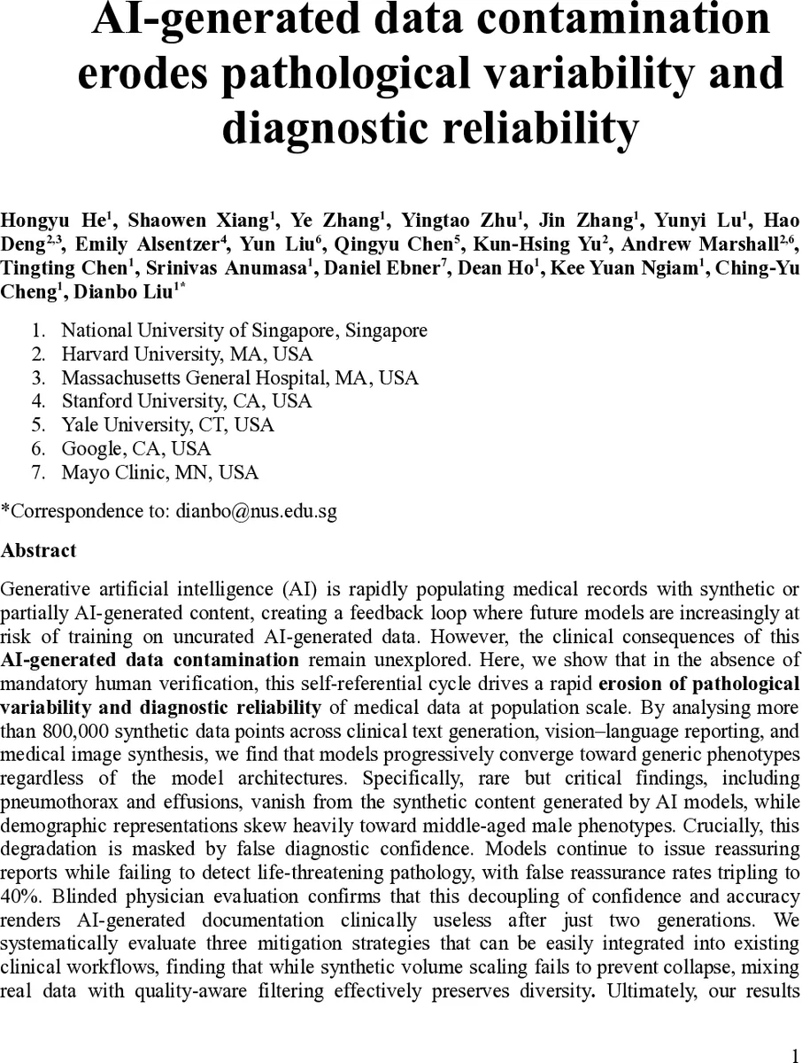 AI-generated data contamination erodes pathological variability and diagnostic reliability