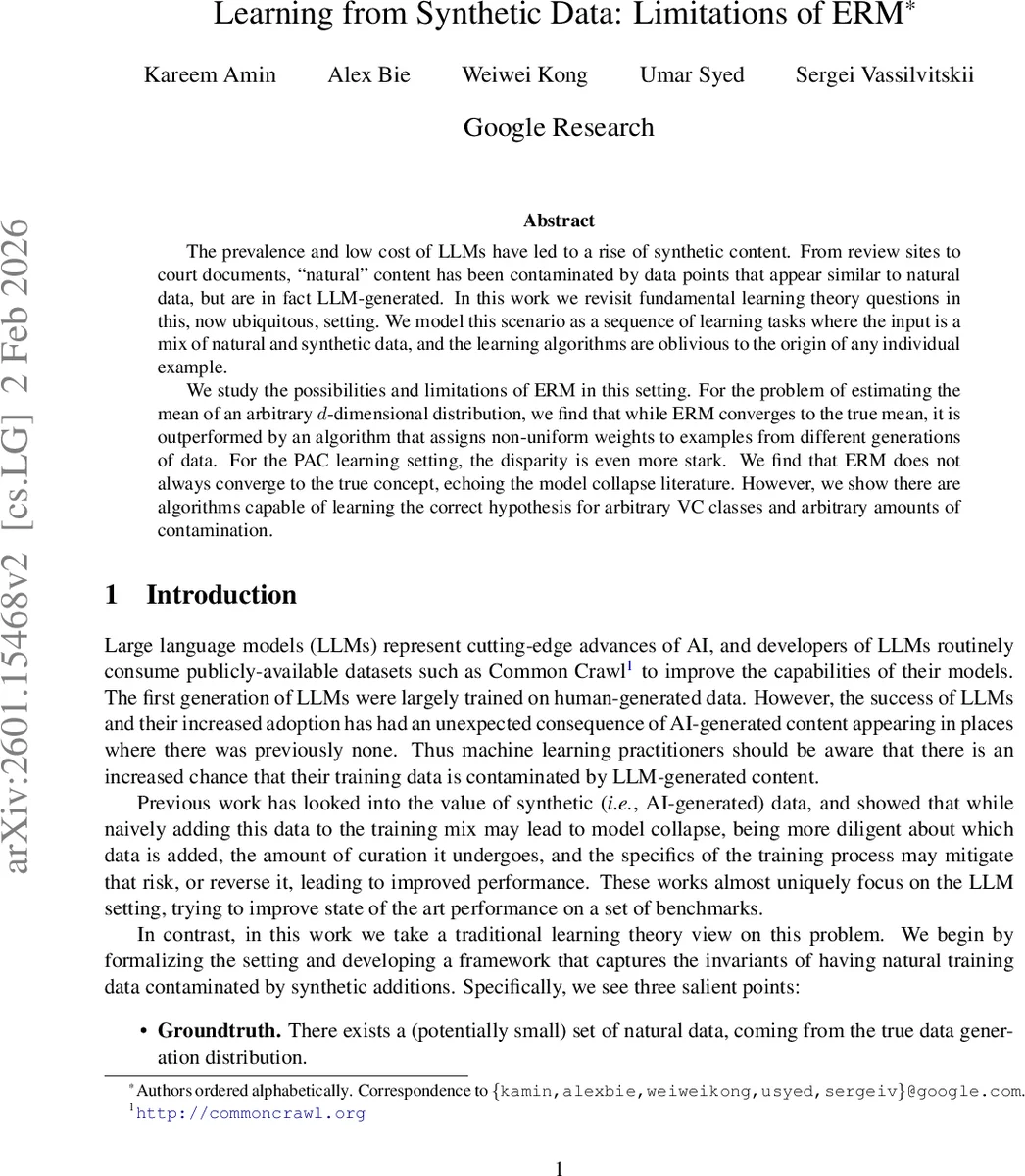 Learning from Synthetic Data: Limitations of ERM