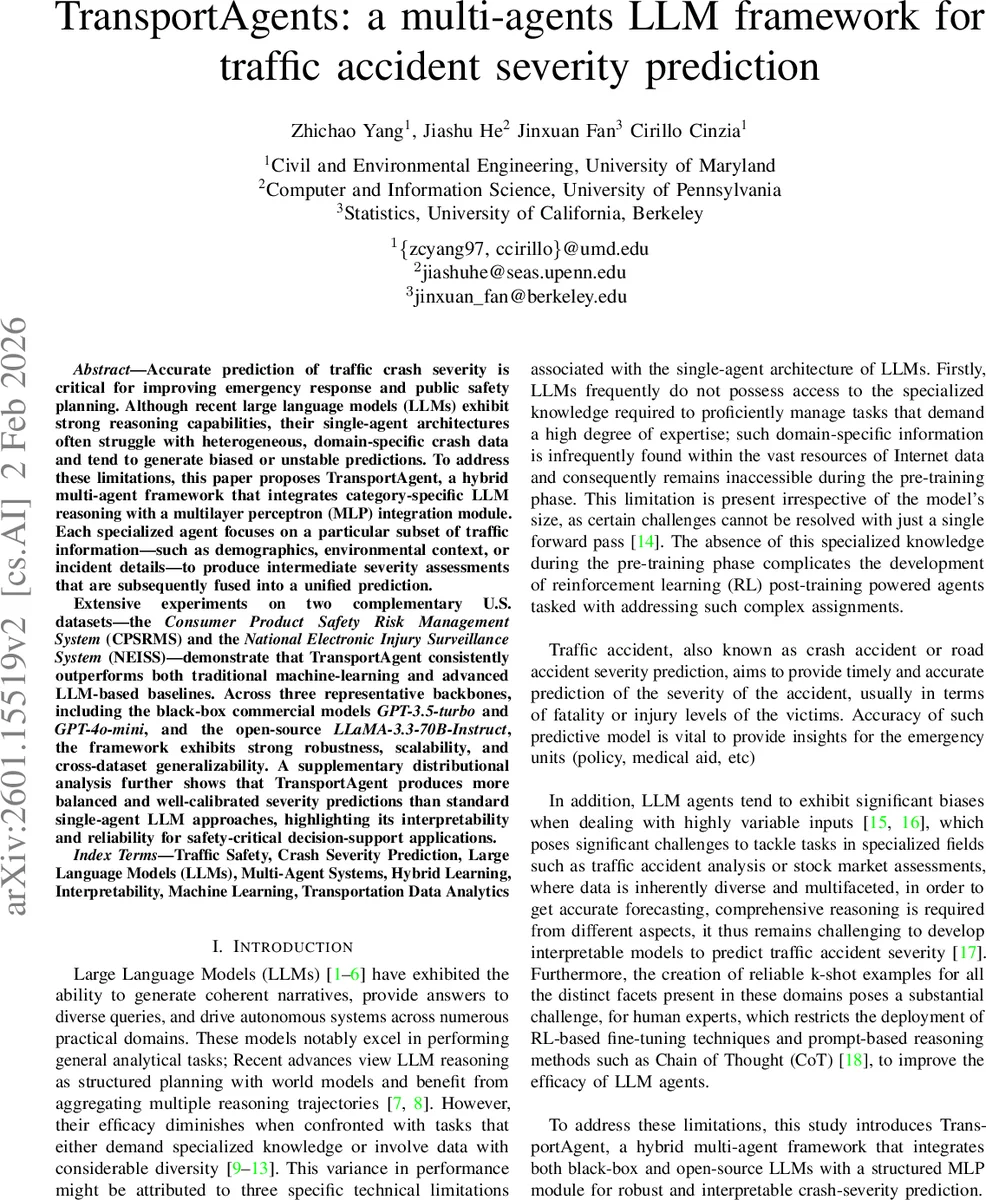 TransportAgents: a multi-agents LLM framework for traffic accident severity prediction