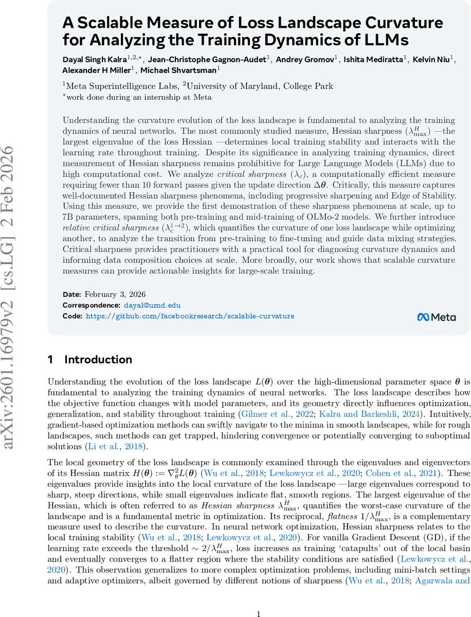 A Scalable Measure of Loss Landscape Curvature for Analyzing the Training Dynamics of LLMs