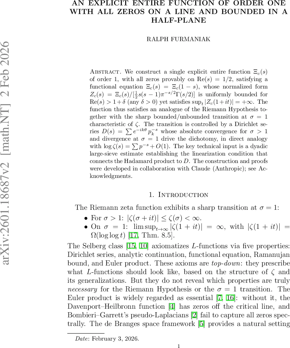 An Explicit Entire Function of Order One with All Zeros on a Line and Bounded in a Half-Plane