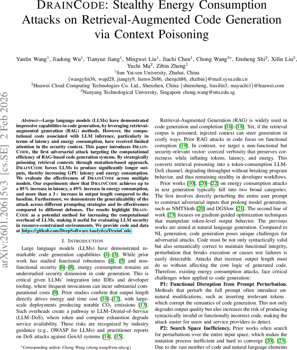 DRAINCODE: Stealthy Energy Consumption Attacks on Retrieval-Augmented Code Generation via Context Poisoning