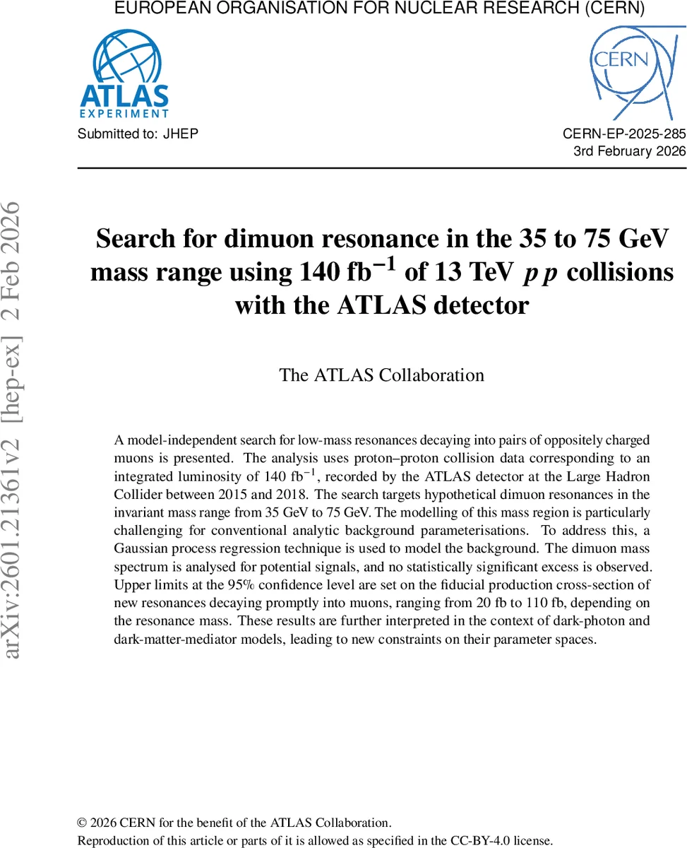 Search for dimuon resonance in the 35 to 75 GeV mass range using 140 fb$^{-1}$ of 13 TeV $pp$ collisions with the ATLAS detector