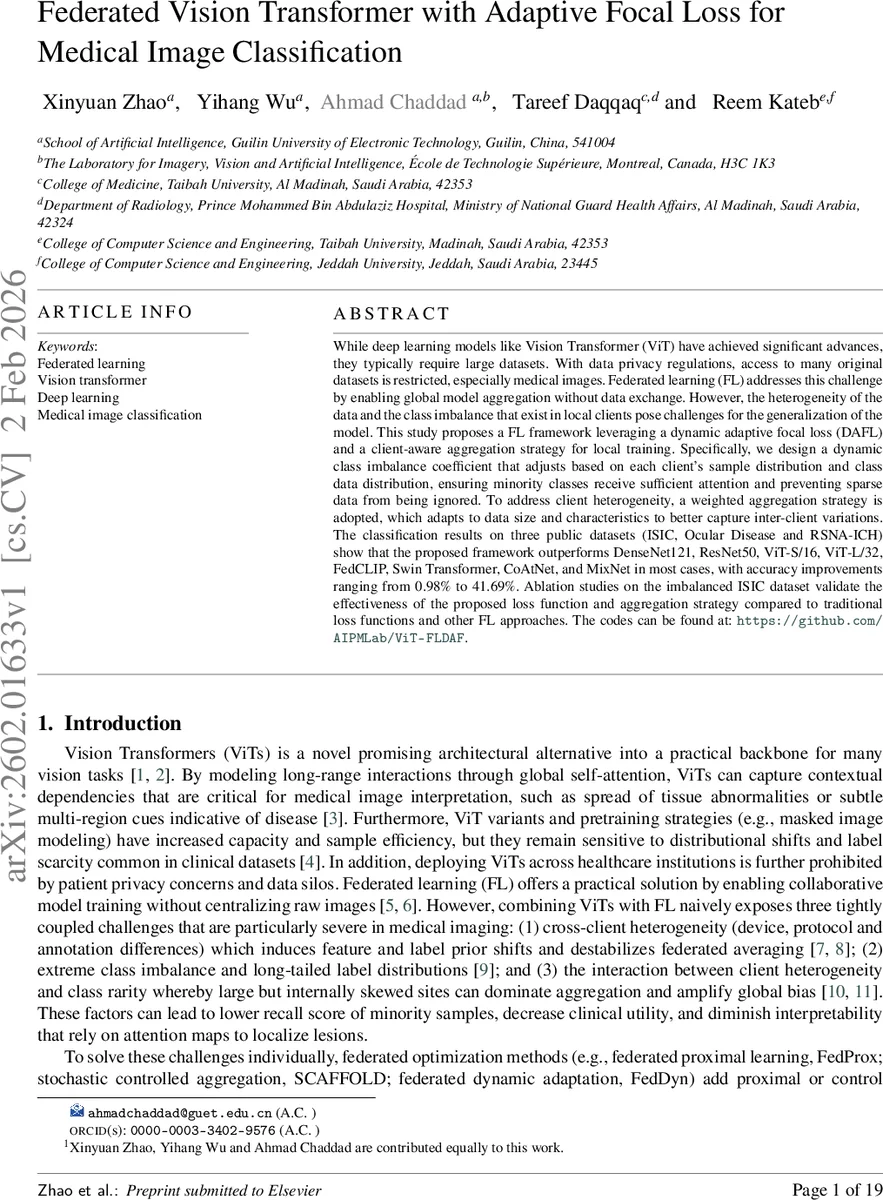 Federated Vision Transformer with Adaptive Focal Loss for Medical Image Classification
