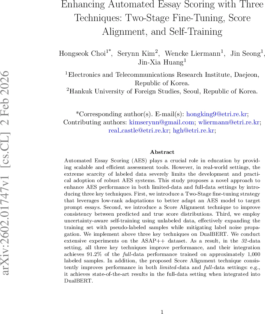 Enhancing Automated Essay Scoring with Three Techniques: Two-Stage Fine-Tuning, Score Alignment, and Self-Training
