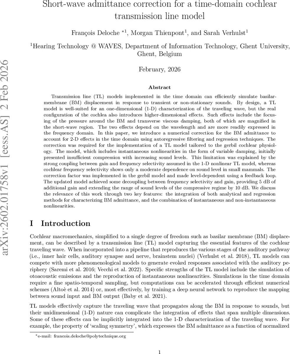 Short-wave admittance correction for a time-domain cochlear transmission line model