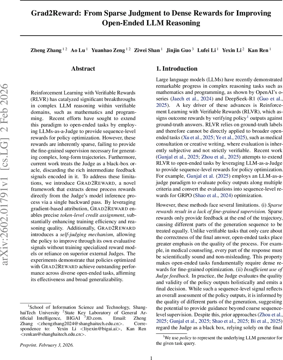 Grad2Reward: From Sparse Judgment to Dense Rewards for Improving Open-Ended LLM Reasoning