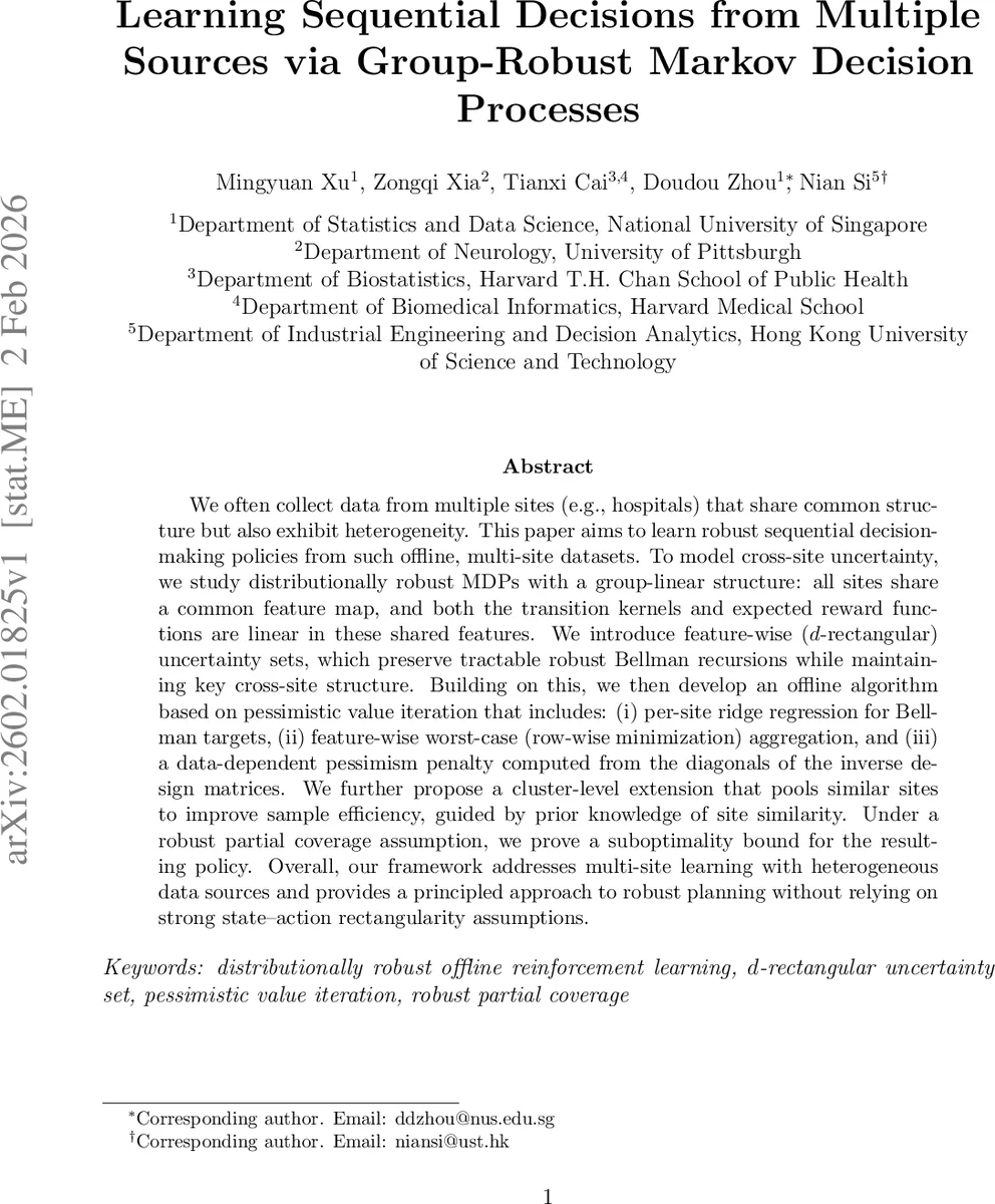 Learning Sequential Decisions from Multiple Sources via Group-Robust Markov Decision Processes