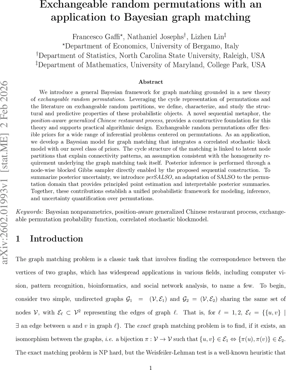 Exchangeable random permutations with an application to Bayesian graph matching