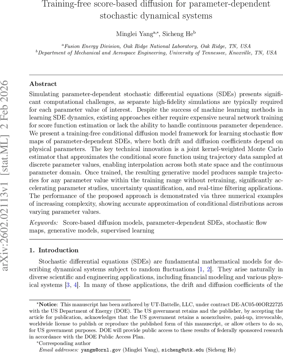 Training-free score-based diffusion for parameter-dependent stochastic dynamical systems