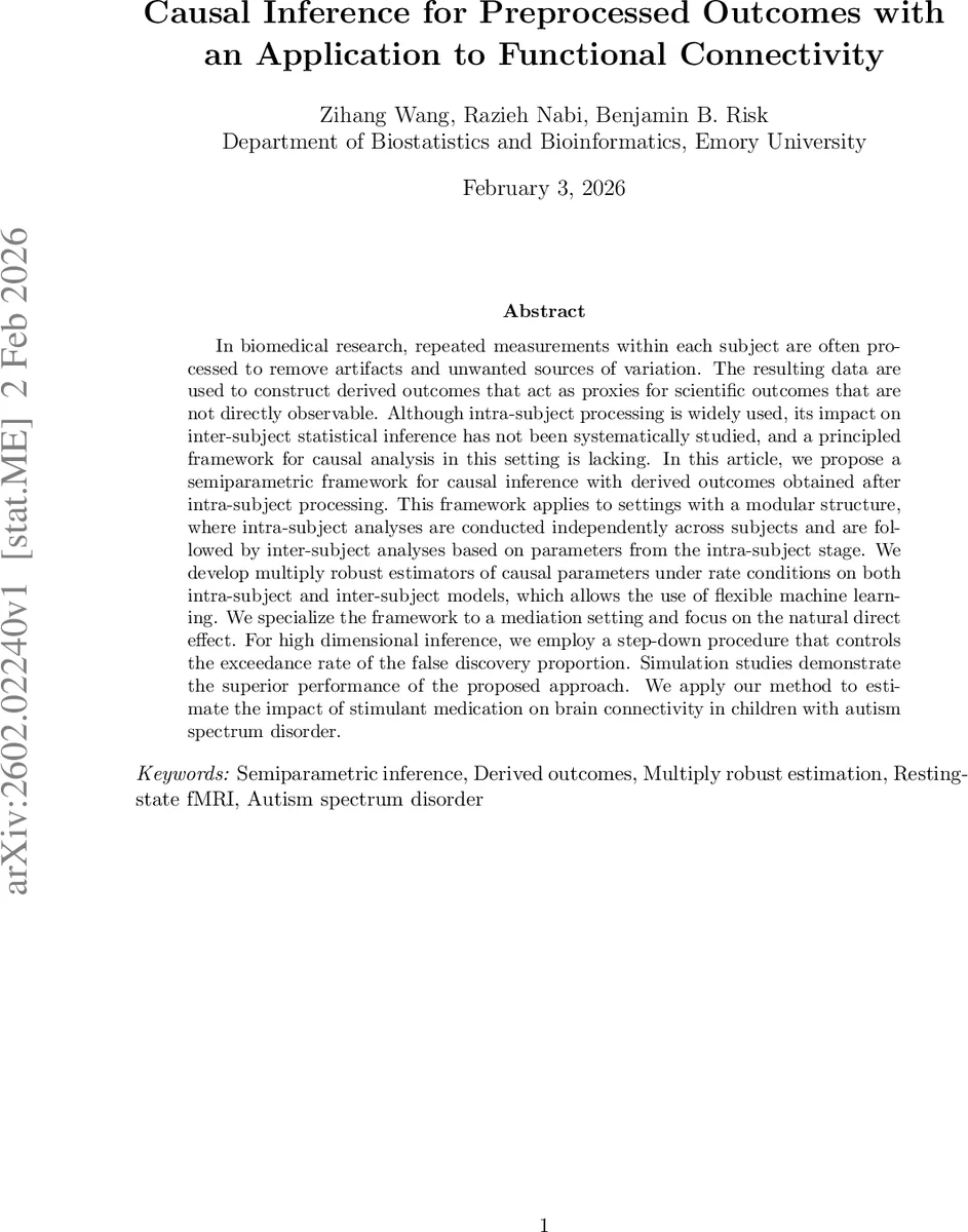 Causal Inference for Preprocessed Outcomes with an Application to Functional Connectivity