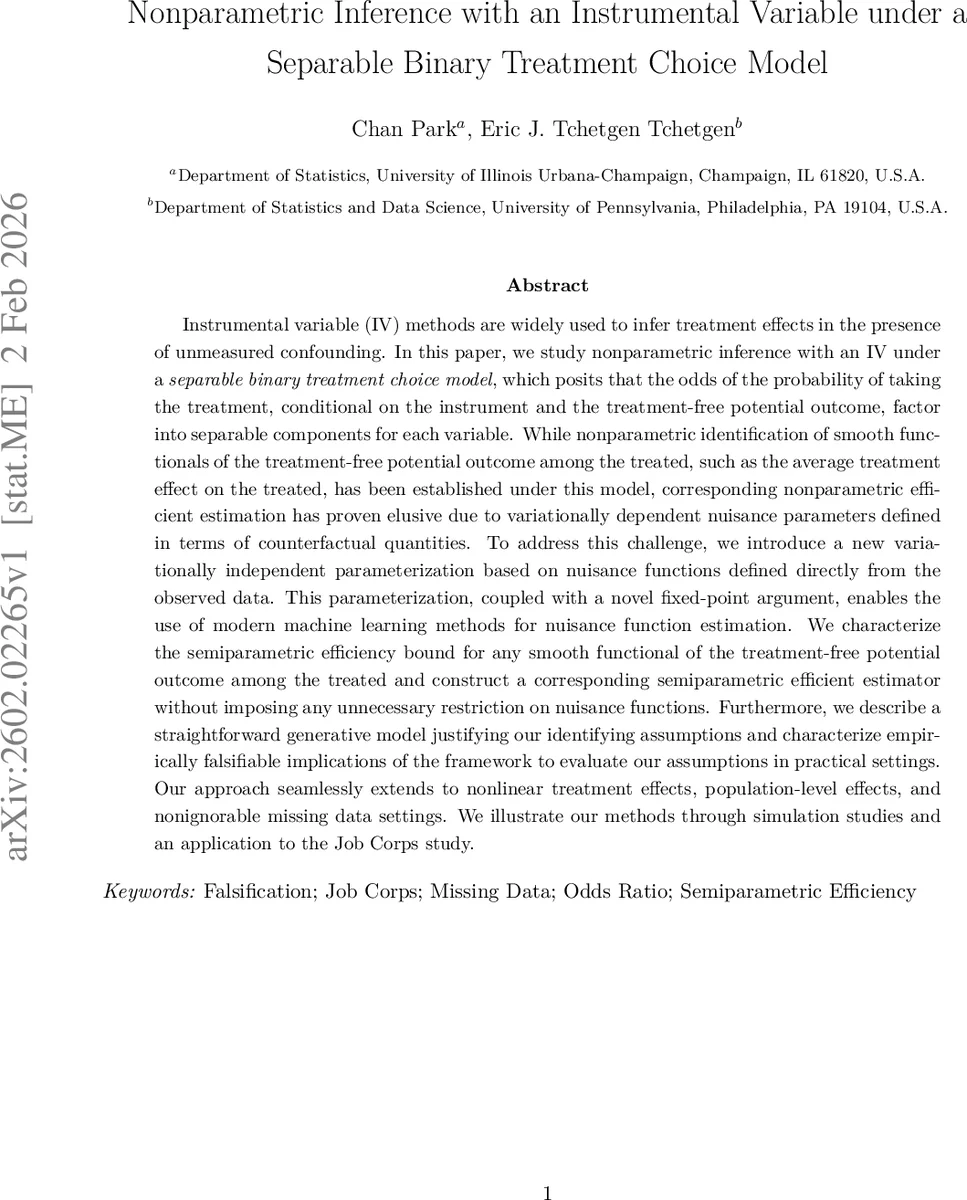 Nonparametric Inference with an Instrumental Variable under a Separable Binary Treatment Choice Model