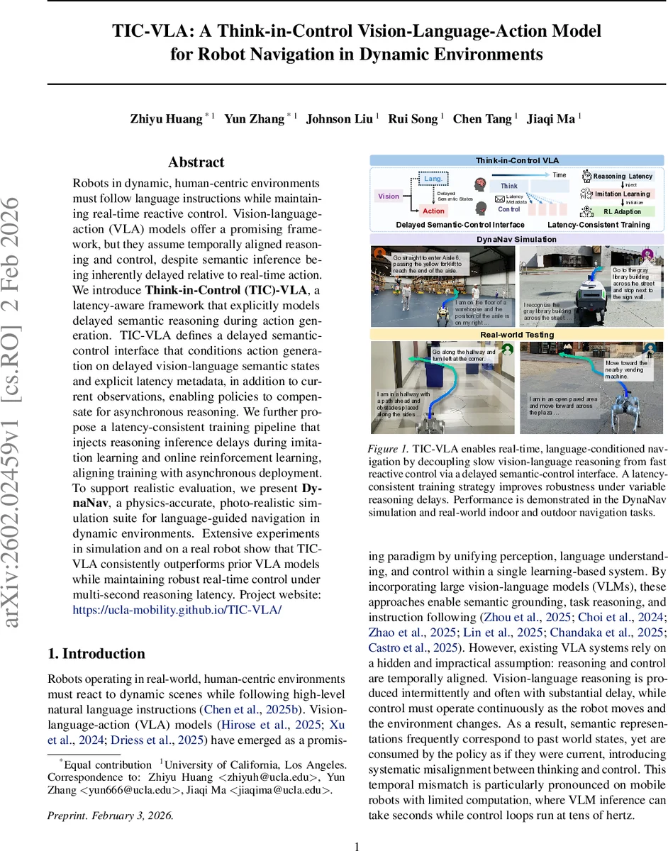 TIC-VLA: A Think-in-Control Vision-Language-Action Model for Robot Navigation in Dynamic Environments