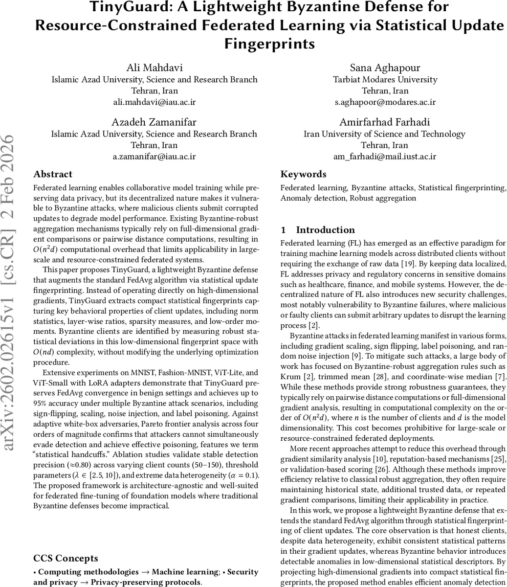 TinyGuard:A lightweight Byzantine Defense for Resource-Constrained Federated Learning via Statistical Update Fingerprints