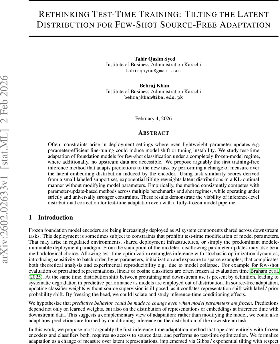 Rethinking Test-Time Training: Tilting The Latent Distribution For Few-Shot Source-Free Adaptation