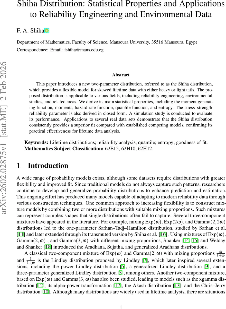 Shiha Distribution: Statistical Properties and Applications to Reliability Engineering and Environmental Data
