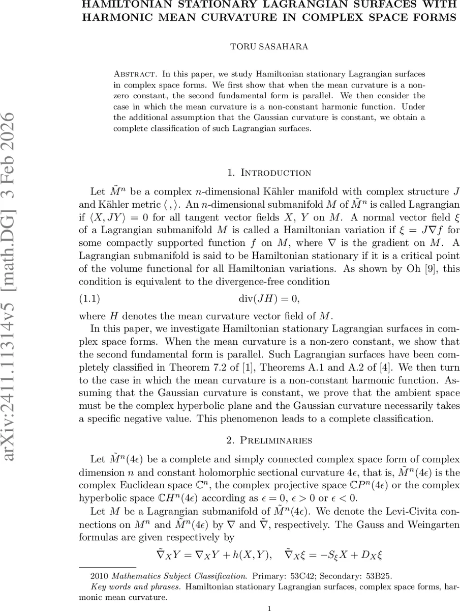 Hamiltonian stationary Lagrangian surfaces with harmonic mean curvature in complex space forms