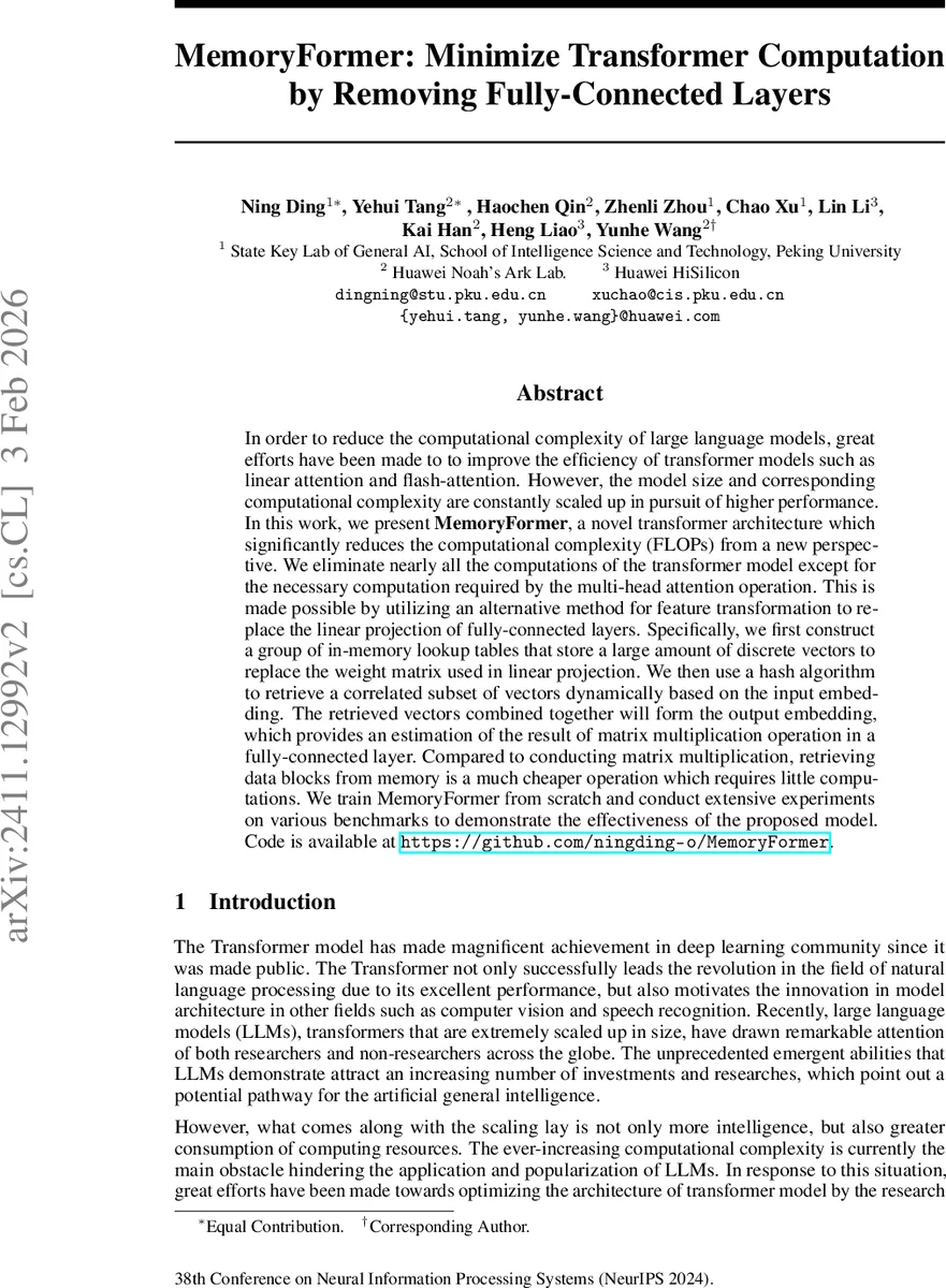 MemoryFormer: Minimize Transformer Computation by Removing Fully-Connected Layers